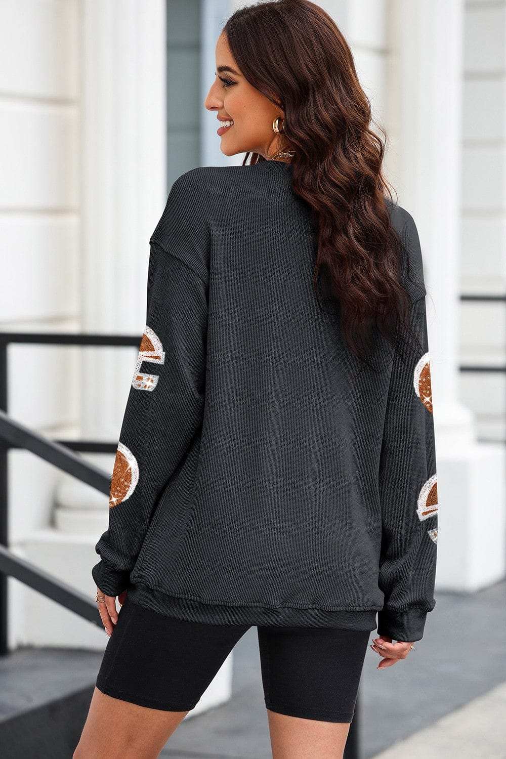 Sequin Helmet Round Neck Long Sleeve Sweatshirt - Trendsi - Flyclothing LLC
