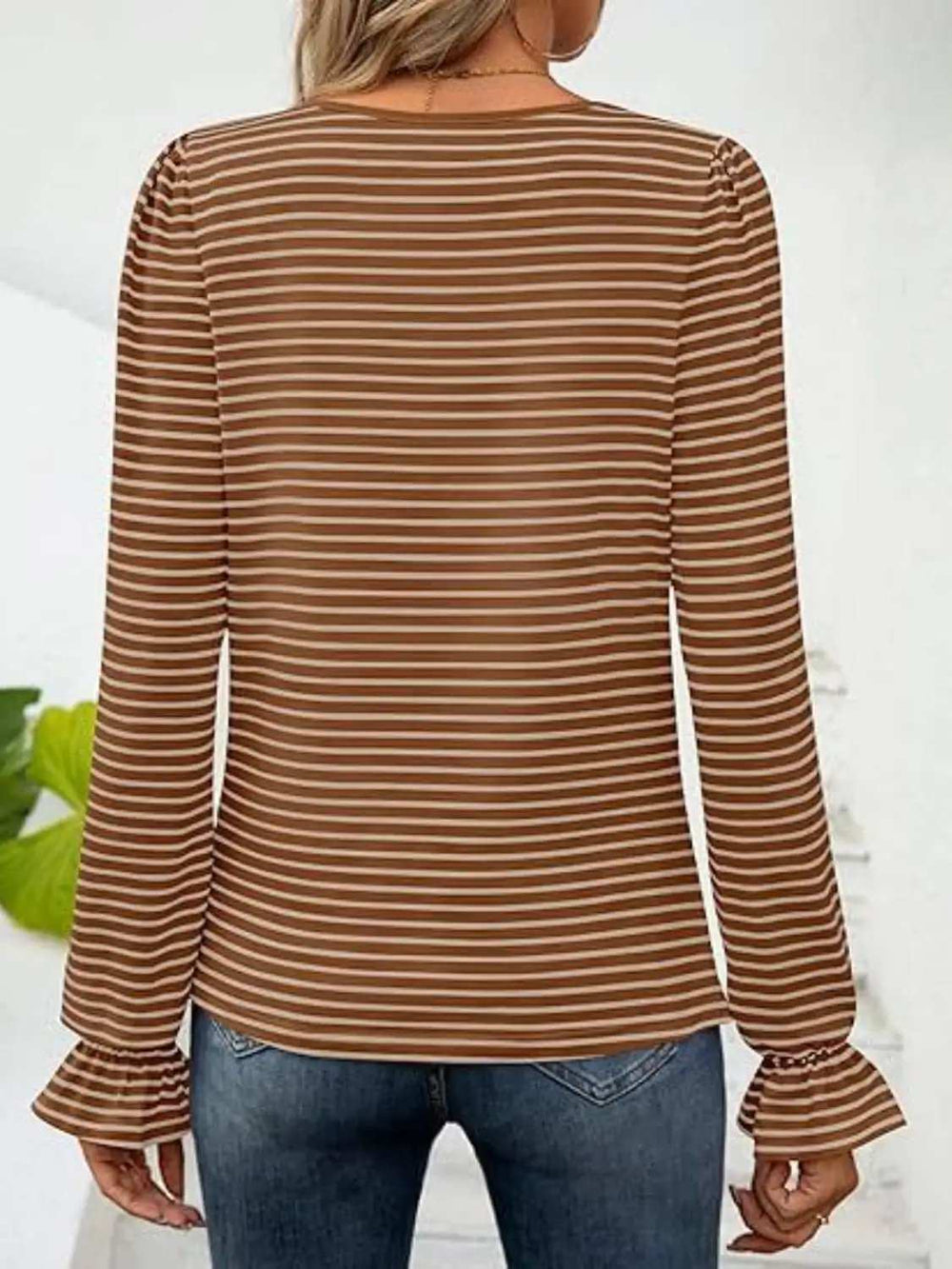 Striped Square Neck Flounce Sleeve Top - Trendsi - Flyclothing LLC