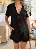 Devine Tied V-Neck Short Sleeve Top and Shorts Set - Trendsi - Flyclothing LLC