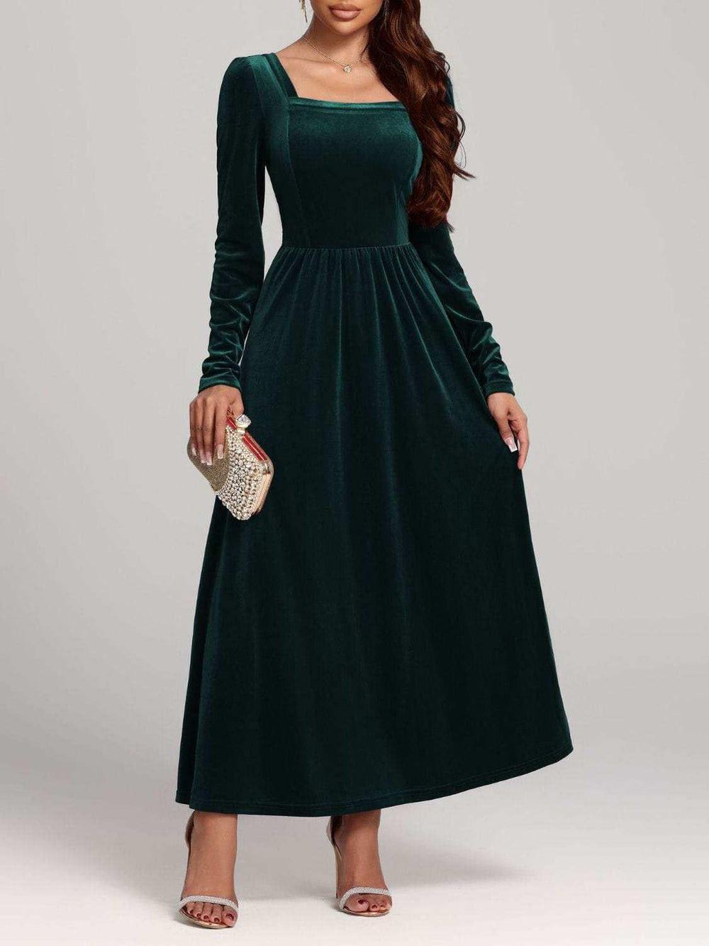 Velvet Square Neck Long Sleeve Dress - Trendsi - Flyclothing LLC