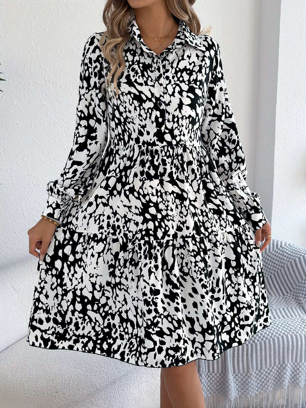 Printed Collared Neck Long Sleeve Dress - Trendsi - Flyclothing LLC