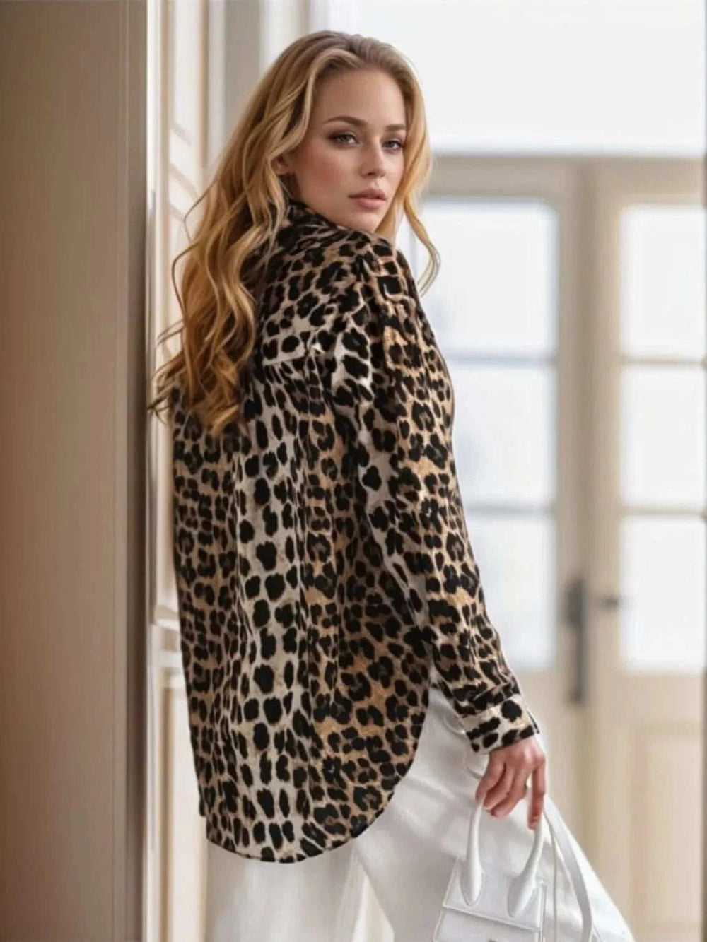 Leopard Collared Neck Long Sleeve Shirt - Trendsi - Flyclothing LLC