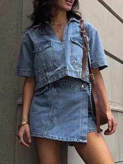 Johnny Collar Short Sleeve Top and Skort Denim Set - Trendsi - Flyclothing LLC