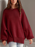 Double Take Side Slit Round Neck Long Sleeve Sweater - Trendsi - Flyclothing LLC