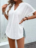 Eyelet Notched Short Sleeve Blouse - Trendsi - Flyclothing LLC