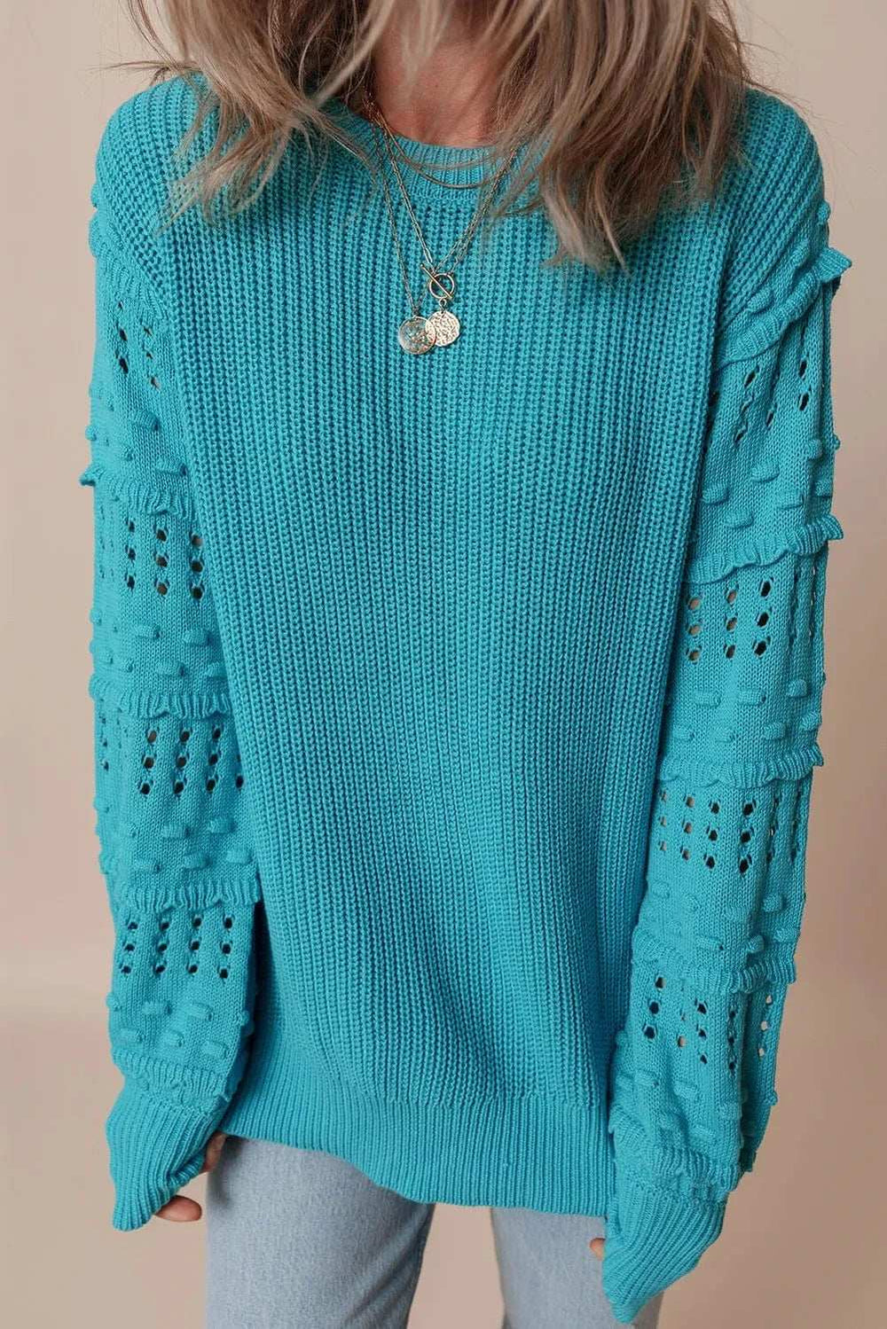 Openwork Frill Round Neck Long Sleeve Sweater - Trendsi - Flyclothing LLC