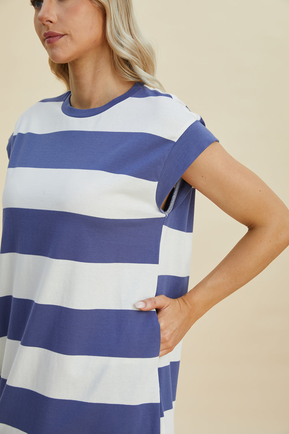 Basic Bae Full Size Striped Round Neck Cap Sleeve Mini Dress - ShopBasicbae - Flyclothing LLC