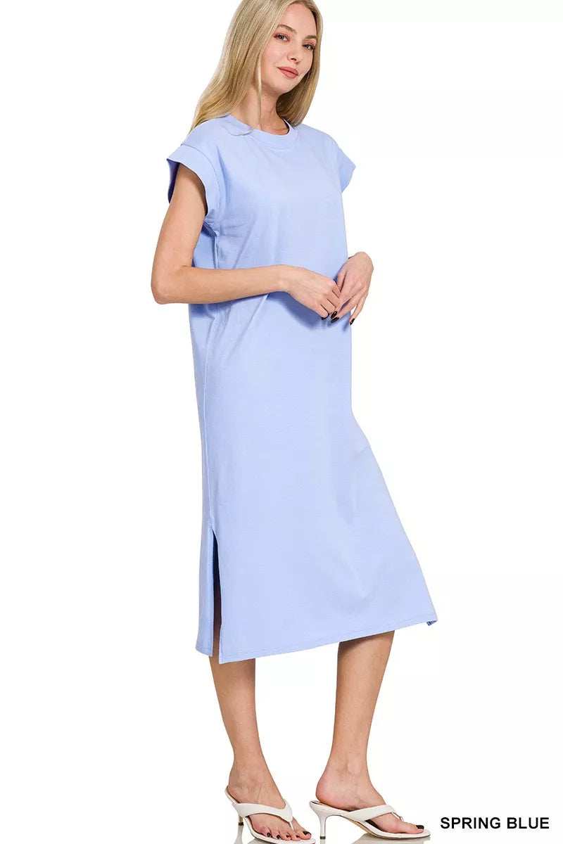 Zenana Round Neck Side Slit Midi Dress - Trendsi - Flyclothing LLC