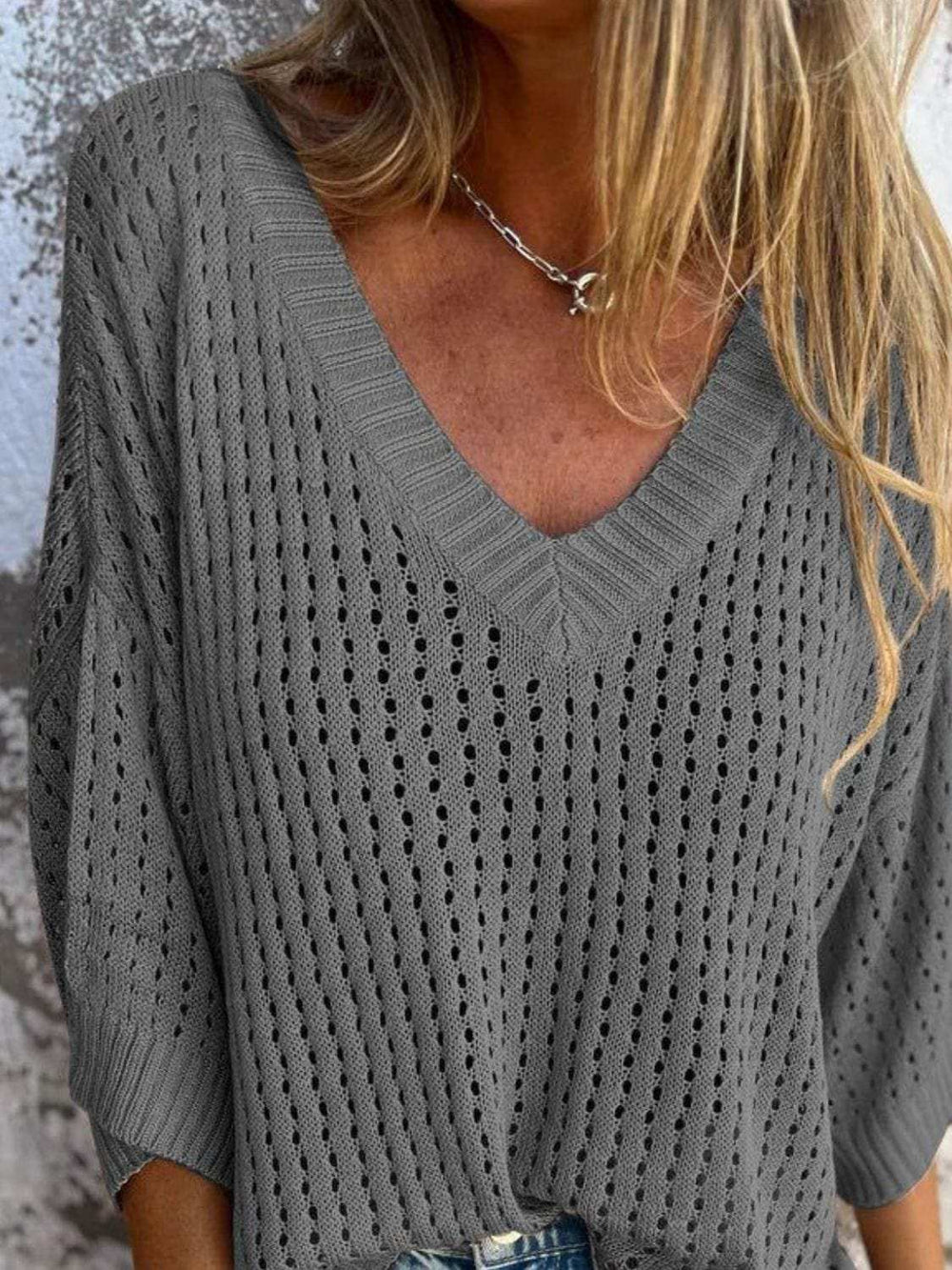 Full Size Openwork V-Neck Knit Cover Up Plus Size - Trendsi - Flyclothing LLC