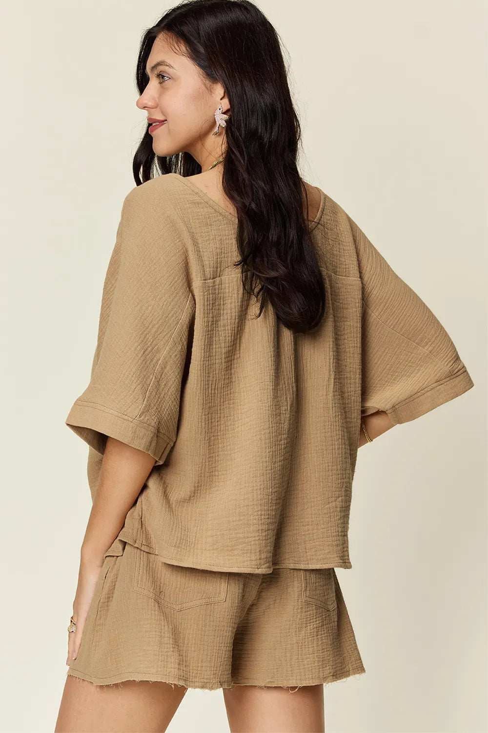 Double Take Texture Half Sleeve T-Shirt and Drawstring Shorts Set - Trendsi - Flyclothing LLC