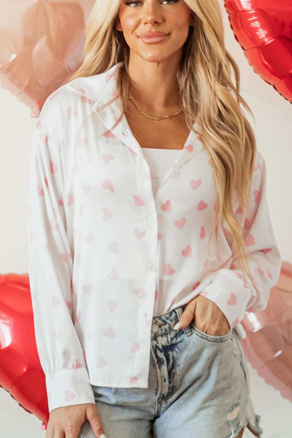 Heart Print Collared Neck Long Sleeve Shirt - Trendsi - Flyclothing LLC