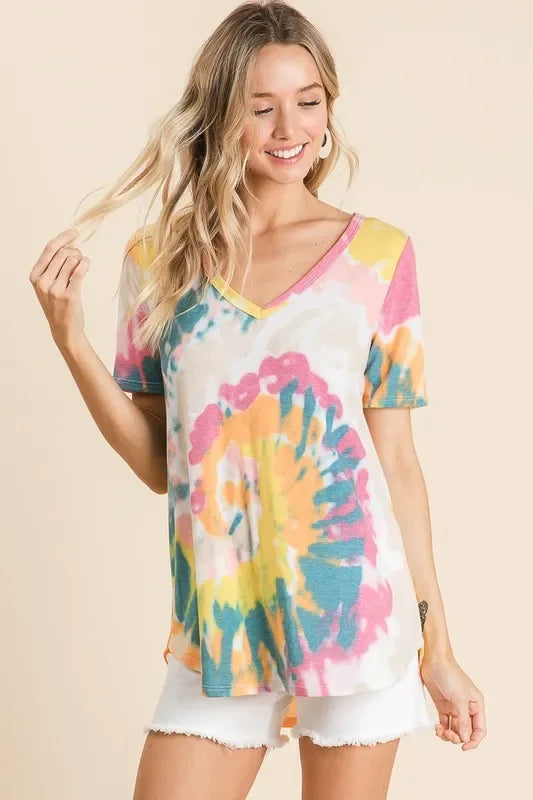 BiBi Circular Tie Dye Print V Neck Top - Trendsi - Flyclothing LLC