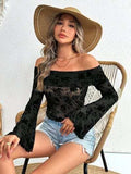 Off-Shoulder Flare Sleeve Lace Top - Trendsi - Flyclothing LLC