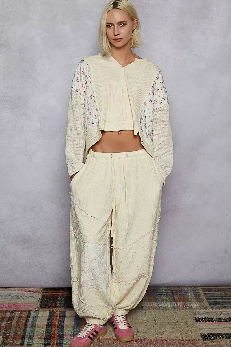 POL Mix Thermal Floral Pattern Quilted Knit Cropped Top with Raw Edge Detail - Trendsi - Flyclothing LLC