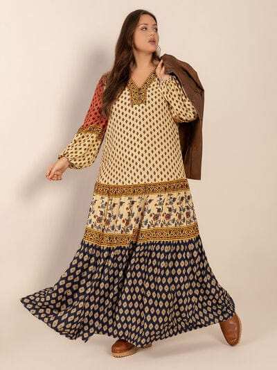 Plus Size Printed V-Neck Long Sleeve Maxi Dress - Trendsi - Flyclothing LLC