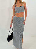 Perfee Striped Halter Neck Top and Slit Skirt Set - Trendsi - Flyclothing LLC