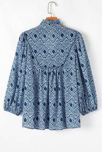 Geometric Print Frilled Notched Blouse - Trendsi - Flyclothing LLC