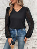 Full Size V-Neck Swiss Dot Long Sleeve Blouse - Trendsi - Flyclothing LLC