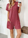 Button Detail Collared Neck Short Sleeve Romper - Trendsi - Flyclothing LLC