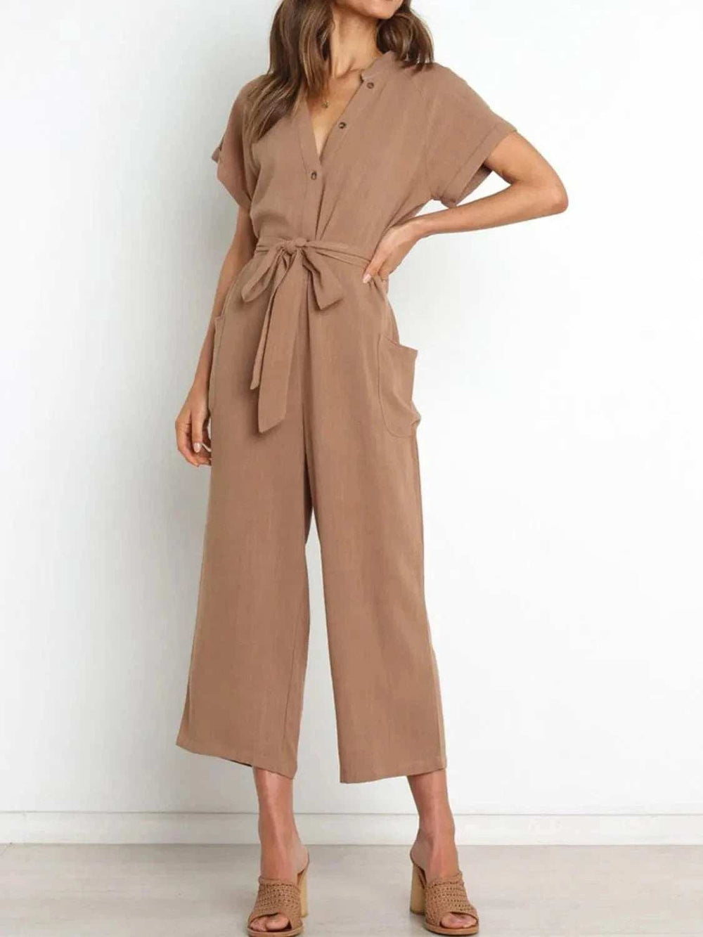 Notched Short Sleeve Tie Waist Jumpsuit - Trendsi - Flyclothing LLC