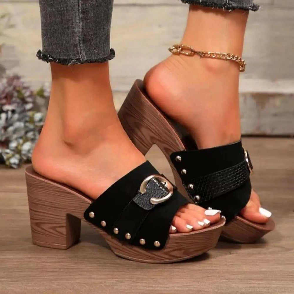 Buckle Trim Block Heel Sandals - Trendsi - Flyclothing LLC