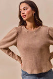 SO ME Mineral Washed Waffle Top With Puff Sleeves - Trendsi - Flyclothing LLC