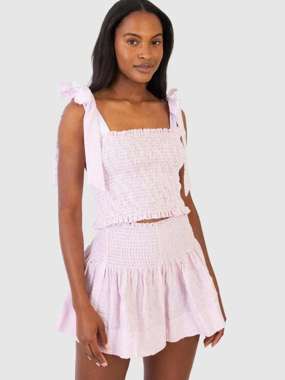 Smocked Tie Shoulder Top and Mini Skirt Set - Trendsi - Flyclothing LLC