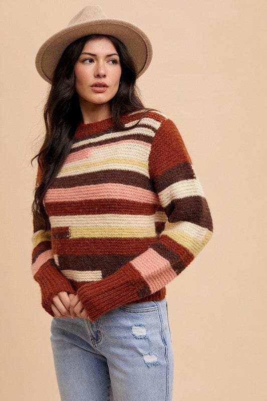 Annie Wear Color Block Round Neck Long Sleeve Sweater - Trendsi - Flyclothing LLC