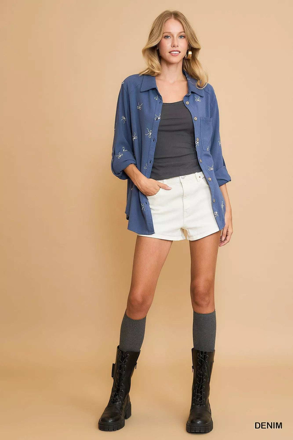 Umgee Linen Blend Fitted Shirt with Ribbon Embroidery Details - Trendsi - Flyclothing LLC