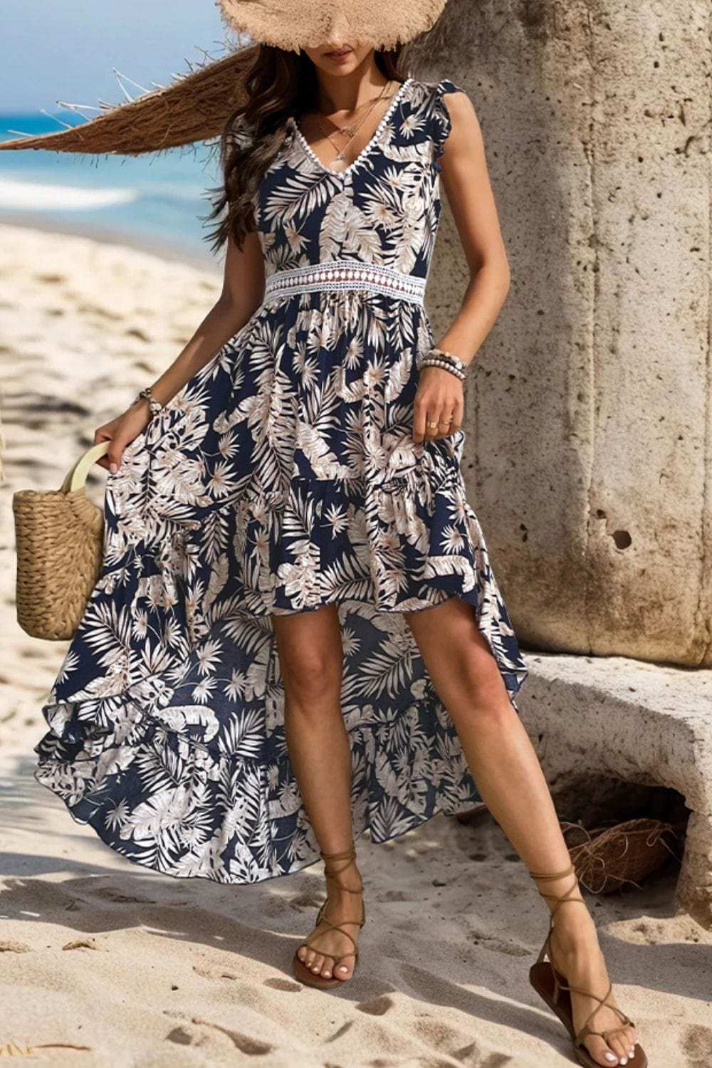 High-Low Printed V-Neck Cap Sleeve Midi Dress - Trendsi - Flyclothing LLC