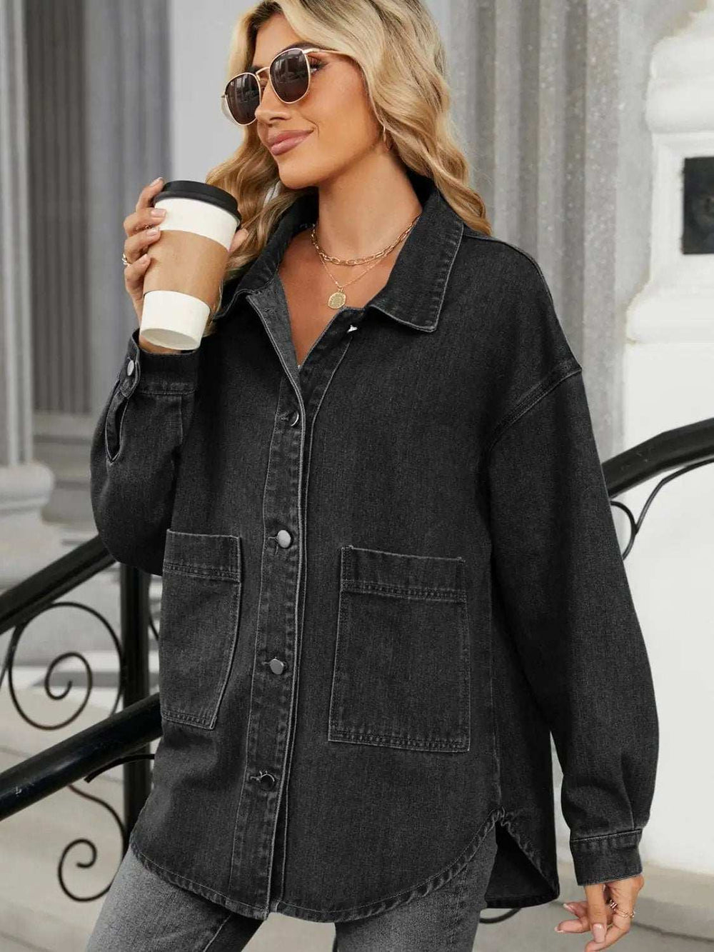 Removable Hood Button Up Long Sleeve Denim Jacket - Trendsi - Flyclothing LLC