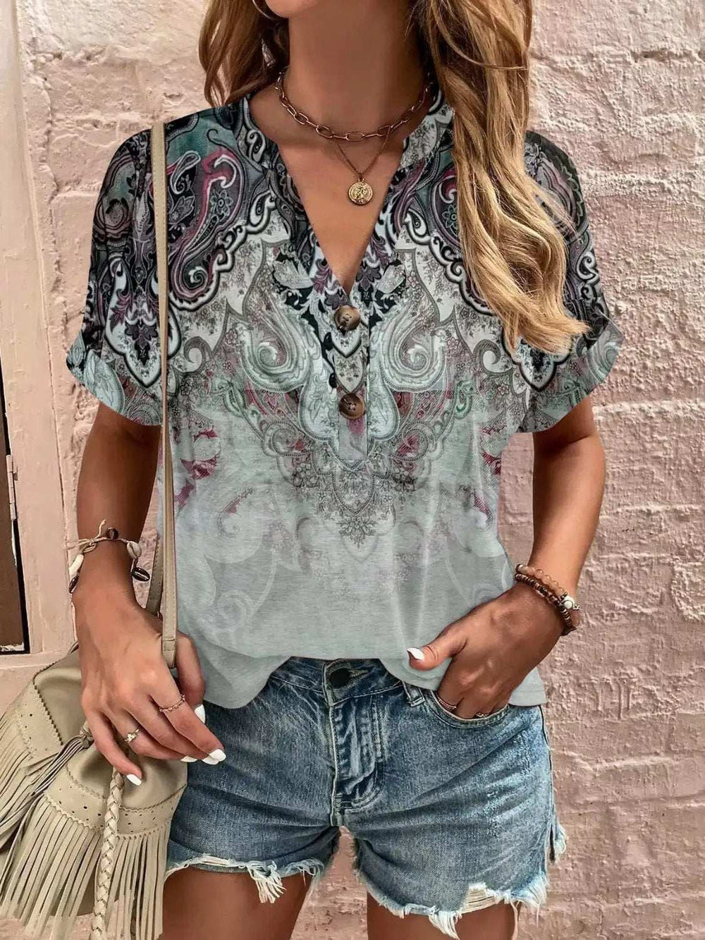 Full Size Printed Notched Short Sleeve Blouse - Trendsi - Flyclothing LLC