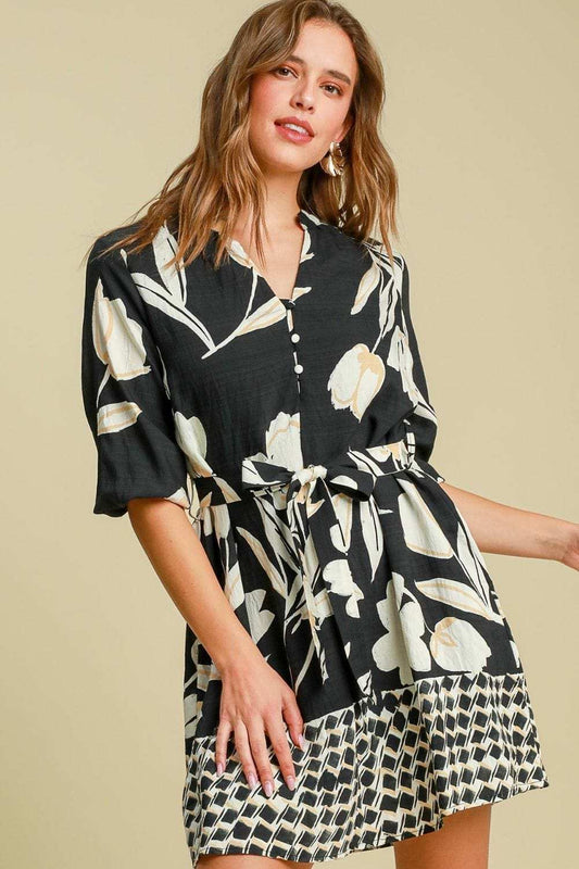 Umgee Full Size Floral Print Notched Tie Waist Mini Dress Plus Size - Trendsi - Flyclothing LLC