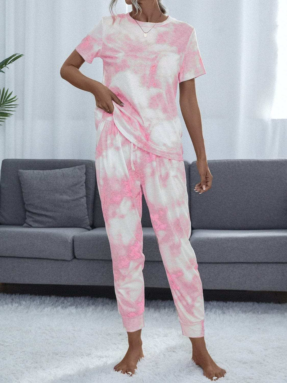 Tie-Dye Round Neck Short Sleeve Top and Pants - Trendsi - Flyclothing LLC