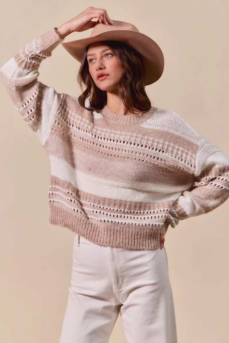 SO ME Variegated Stripe Textured Loose Fit Sweater - Trendsi - Flyclothing LLC