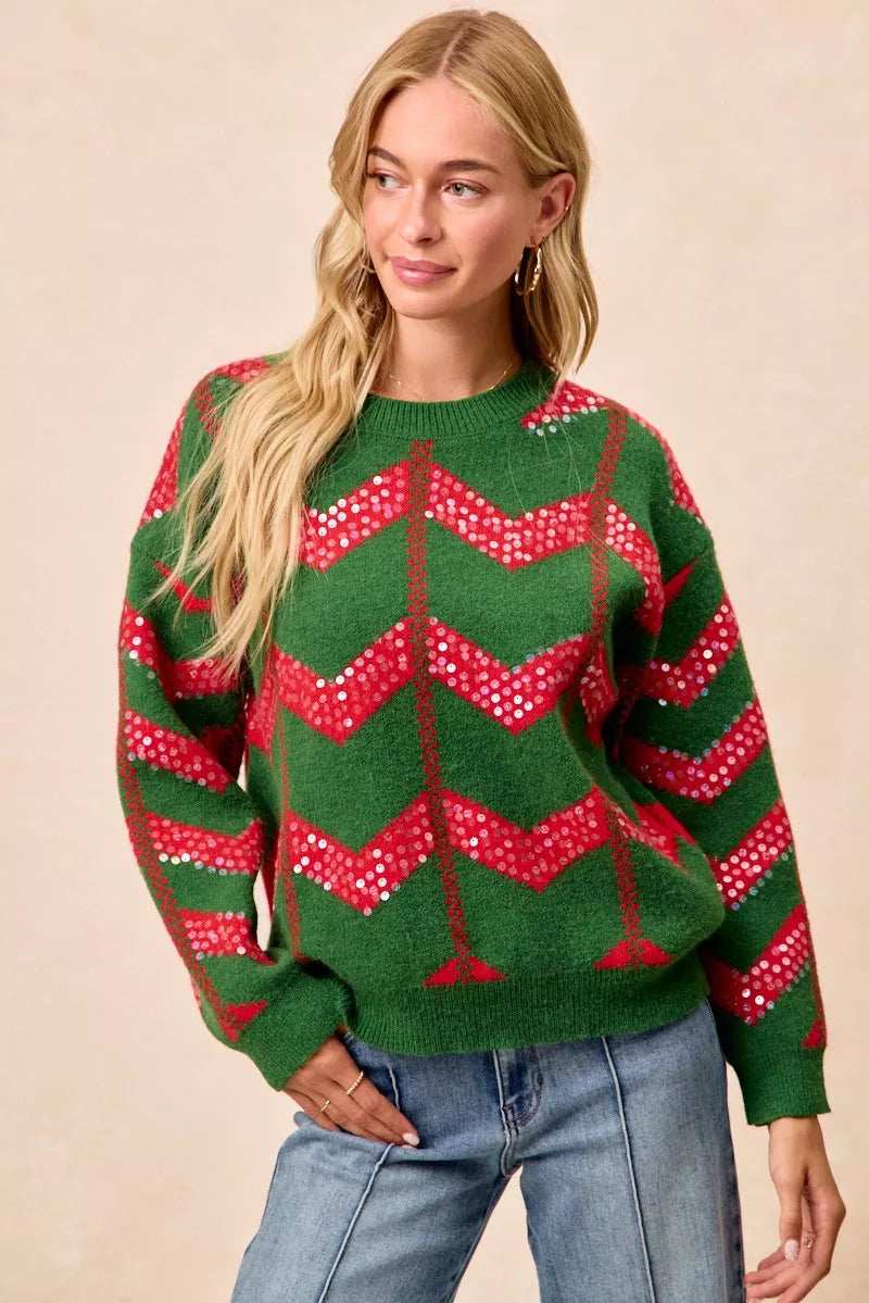 BiBi Christmas Theme Chevron Sequins Detail Sweater - Trendsi - Flyclothing LLC