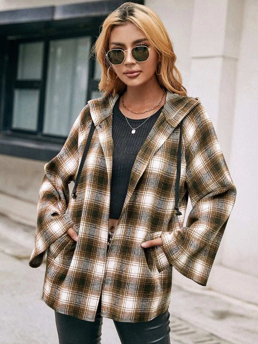 Pocketed Plaid Long Sleeve Hooded Jacket - Trendsi - Flyclothing LLC