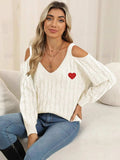Cable-Knit Heart V-Neck Sweater - Trendsi - Flyclothing LLC