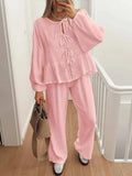 Tie Neck Balloon Sleeve Top and Pants Set - Trendsi - Flyclothing LLC
