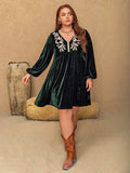 Plus Size Embroidered V-Neck Long Sleeve Dress - Trendsi - Flyclothing LLC