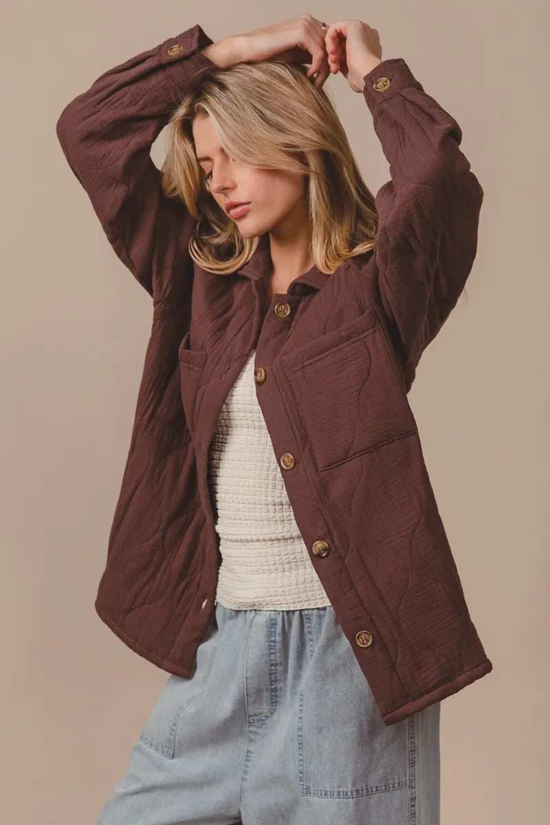 BiBi Quilted Wrinkle Gauze Long Sleeve Shacket - Trendsi - Flyclothing LLC