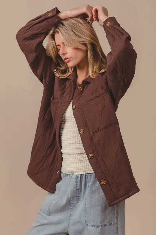 BiBi Quilted Wrinkle Gauze Long Sleeve Shacket - Trendsi - Flyclothing LLC