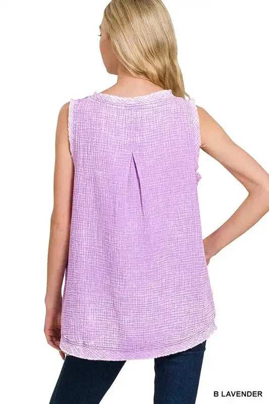 Zenana Double Gauze Raw Edge Acid Washed Tank - Trendsi - Flyclothing LLC