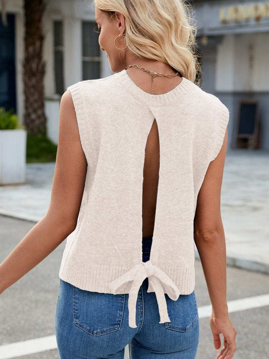 Cutout Round Neck Sleeveless Sweater - Trendsi - Flyclothing LLC