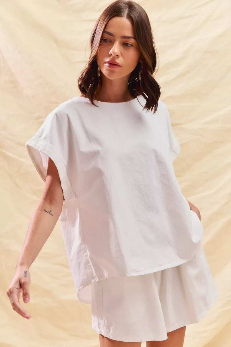 SO ME Round Neck Short Sleeve Top and Shorts Set - Trendsi - Flyclothing LLC