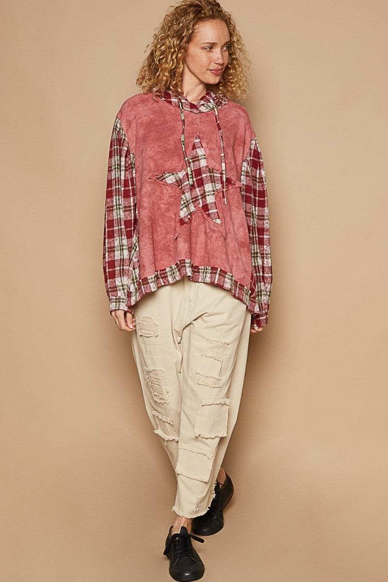 POL Star Patch Plaid Long Sleeve Hooded Top - Trendsi - Flyclothing LLC