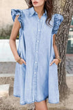 Ruffled Button Front Cap Sleeve Denim Dress - Trendsi - Flyclothing LLC