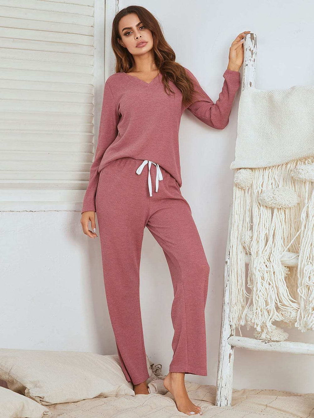 Notched Long Sleeve Top and Pants Set - Trendsi - Flyclothing LLC