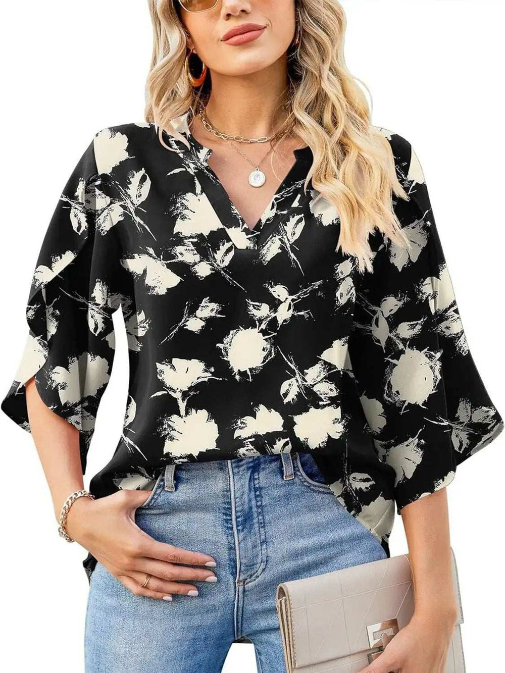 Printed Notched Half Sleeve Blouse - Trendsi - Flyclothing LLC