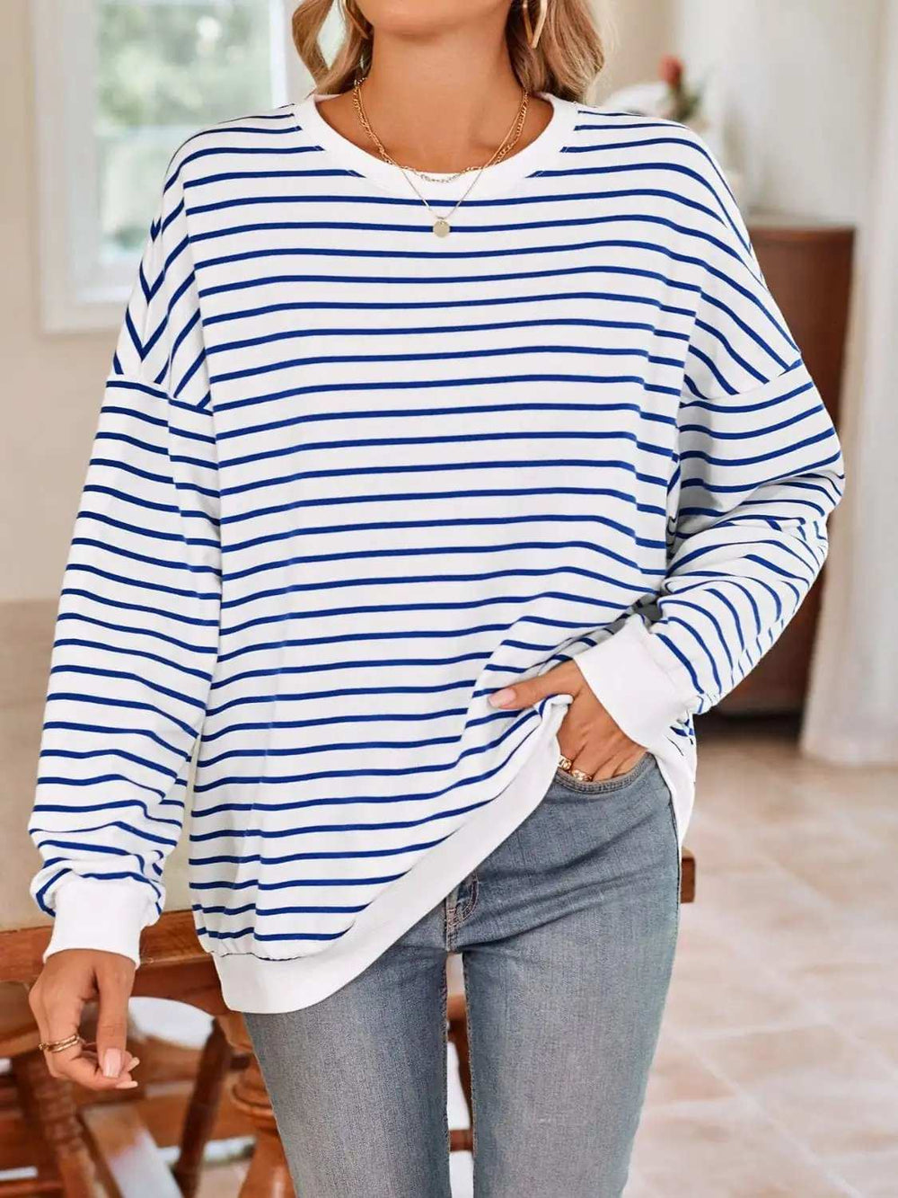 Striped Round Neck Long Sleeve Sweatshirt - Trendsi - Flyclothing LLC